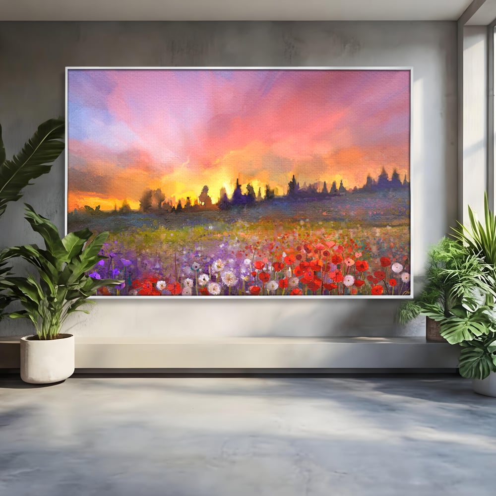 Tablou canvas cu tablou canvas cu camp cu flori si apus, in rama de aluminiu argintiu
